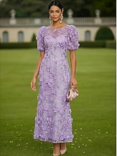 cheap Cocktail Dresses-Sheath Column Ankle Length Lace Dress Cocktail Dresses Elegant Vintage Floral Short Sleeve One Shoulder Garden Party Wedding Satin Tulle with 3D Flowers Bow(s)