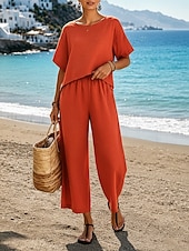 economico Imposta-Set da donna in cotone e lino, due pezzi, colore puro, caldo, casual, comodo, per la casa, quotidiano, primavera, autunno
