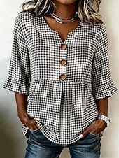 cheap Stripe&amp;Geometric Blouses-Easter Women's Shirt Graphic Geometric Vintage Stylish Long Sleeve V Neck Crop Tops Casual Daily Holiday Black and gray Light Green Light Brown Summer Spring