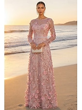 cheap Floor Length-A-Line Floor Length Mother of the Bride Dress Long Sleeve Boat Neck Elegant Vintage Luxurious Formal Wedding Guest Wedding Party Lace Tulle with 3D Flowers Embroidery Appliques