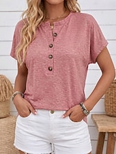 preiswerte Einfarbiges T-Shirt-Damen Sommeroberteile Vintage Mode Lässig Kurzarm Rundhalsausschnitt Normale Oberteile Lässig Täglich Khaki Schwarz Rosa Marineblau Braun Sommer Frühling