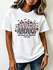  Jour de l'Indépendance Américaine Femmes Tee-shirt Gaufre Tops tricotés texturés Fleuri Graphique Lettre Élégant Classique Manche Courte Col ras du cou Col rond Hauts Réguliers Hauts Longs