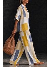 voordelige Blousepakken voor dames-Dames Overhemd Katoenen linnen sets Broeken Sets Korte mouw Halve mouw V-hals Bloemig Grafisch Geometrisch Afdrukken Vakantie Modieus Streetwear Casual Dagelijks Buiten Geel Oranje Lente zomer Ruim