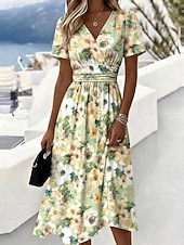 cheap Print Dresses-Women's Midi Dress A Line Dress Vacation Casual Boho Regular Fit Floral Graphic Short Sleeve V Neck Green Summer Spring