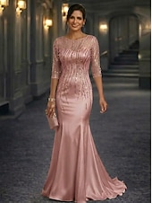 preiswerte Meerjungfrau Abendkleider-Meerjungfrauenschnitt Bodenlang Abendkleid Festliche Kleidung Elegant Glitzern Blumen Halbarm Rundhalsausschnitt Hochzeit Formell Tüll Stretch Satin mit Paillette Perlenbestickt