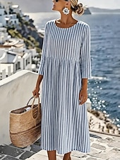 economico Abiti da vacanza-Per donna Abito Midi Abito a Tubino Vestito Estivo Vacanza Casual Spiaggia Uscire Vestibilità regolare Grafico Geometrico A righe Manica 3/4 Girocollo Blu Rosso Verde Grigio Estate Primavera
