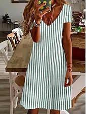 cheap Stripe&amp;Geometric Dress-Women's Knee Length Dress Casual Dress Striped Dress A Line Dress Elegant Fashion Daily Vacation Regular Fit Striped Short Sleeve V Neck Blue Yellow Red Green Summer Spring