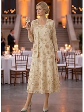 preiswerte Mamas Kleidersets-Zweiteilig A-Linie Knöchellänge Tee-Länge Kleid für Hochzeitsgäste Brautmutterkleid Ärmellos Langarm Rundausschnitt Elegant luxuriös Glanz &amp; Glamour Formell Hochzeitsgast Chiffon Paillettenbesetzt mit