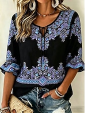 economico Arte &amp; Design Bluse-Per donna Camicia Grafico Geometrico Paisley Bohemien Vacanza Vintage Manica Lunga Scollo a V Top Regolari Casuale Quotidiano Ferie Nero Beige Estate Primavera