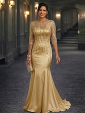 preiswerte Meerjungfrau Abendkleider-Meerjungfrauenschnitt Bodenlang Abendkleid Festliche Kleidung Elegant Glitzern Blumen Halbarm Rundhalsausschnitt Hochzeit Formell Tüll Stretch Satin mit Paillette Perlenbestickt