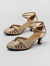 baratos Sapatos Para Dança de Salão &amp; Dança Moderna-Sapatos de dança de salão femininos, salto alto em cetim para salsa com tira cruzada no tornozelo, salto bloco de 5,5 cm (2,16") para tango, dança latina e apresentações de palco.