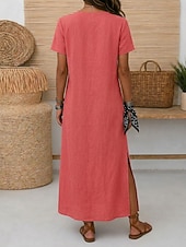  Per donna Abito maxi Abiti di lino Vintage Quotidiano Vestibilità regolare Semplice Manica Corta Scollo a V Rosso Azzurro Estate