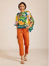 billige skjorter, topper og bluser-Silkemyk satengtopp med dolman-ermer i vill hibiskus