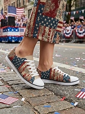  Damskie khaki płócienne trampki z amerykańską flagą – patriotyczne, sznurowane buty do chodzenia w stylu vintage z kwiatowym nadrukiem, idealne na co dzień, na Dzień Niepodległości, paradę &święto USA