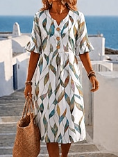 economico Abiti floreali-Per donna Abito Midi Vestito Estivo Abito a trapezio Abito Estivo Vacanza Casual Quotidiano Spiaggia Ferie Vestibilità regolare Floreale Grafico Foglia Mezza Manica Scollo a V Blu Arancione Verde
