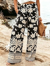 abordables Pantalones Gráficos-Mujer Perneras anchas Chinos Pantalones casuales Pantalones Vacaciones Moda Boho Longitud total Media cintura Plantas Bolsillo Cintura elástica Estampado Confortable Comodidad Transpirabilidad Rígido