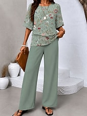 cheap Women's Blouse Suits-Women's Pants Sets Half Sleeve Butterfly Sleeve Round Neck Graphic Leopard Abstract Elegant Vacation Casual Daily Beach Pink Green Khaki Spring &amp; Summer Regular Fit