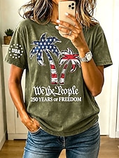 American Independence Day Women's T Shirt Buttons Graphic Flag Plants Vintage Fashion Stylish Short Sleeve Crew Neck Regular Tops Casual Daily Blue Khaki Green Gray Summer Spring