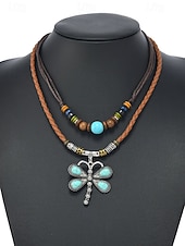 tanie Naszyjnik damski-Damski naszyjnik w stylu boho z wisiorkiem w kształcie ważki, dwuwarstwowy choker ze skóry ze stopu metali, z turkusowymi koralikami, idealny na wakacje na plaży, letnie podróże i codzienne, codzienne