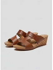 cheap Slide Sandals-Women's Brown Cork Wedge Sandals - Open-Toe Slip-On Summer Slides with Croc-Embossed Straps for Casual &amp; Summer Wear
