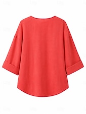  Women's Cotton Linen Shirts Blouse Buttons Solid Color Daily Casual 3/4 Length Sleeve V Neck Regular Tops Daily Black White Red Orange Green Summer Spring Fall