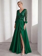 economico Abiti da Sera a Linea A-Linea ad A Lunghezza al pavimento Abito da Sera Abito formale Elegante Matrimonio informale / diurno Manica Lunga Scollo a V Matrimonio Formale Raso con Fiori 3D Pieghe Spacco