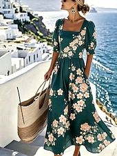  Damskie Sukienka midi Codzienne sukienki Sukienka A line Elegancja Urlop Elegancki Plaża Święto Regularny Kwiaty Graficzny Rękaw 1/2 Kwadratowy dekolt Niebieski Żółty Zielony Lato Wiosna