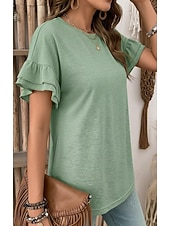 preiswerte Einfarbiges T-Shirt-Damen Sommeroberteile Rüsche Einfach Stilvoll Klassisch Kurzarm Rundhalsausschnitt Rundhals Lange Oberteile Lässig Täglich Ausgehen Schwarz Weiß Wein Grün Sommer Frühling