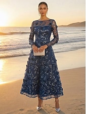 cheap Ankle Length-A-Line Dress Ankle Length Cocktail Dress Wedding Guest Dress Mother of the Bride Dress Long Sleeve V Neck Elegant Luxurious Casual Formal Wedding Guest Kentucky Derby Lace Tulle with 3D Flowers