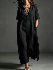 cheap Dresses-Women's Maxi long Dress Linen Dresses Elegant Vacation Loose Fit Plain Short Sleeve Shirt Collar Summer
