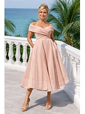 abordables Vestidos de cóctel-Corte A Vestido Midi Vestidos de coctel Vestidos de fiesta Vintage 1950s Sin Mangas Hombros Caídos Invitado a la boda Tul con Plisado