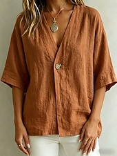cheap Dressy Blouses-Women's Shirt Blouse Plain Bohemia Half Sleeve V Neck Regular Tops Blue White Pink Brown Green Summer Spring