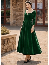 abordables Longueur de cheville-Ligne A Longueur cheville Robe de Soirée Robe de Cocktail Robe d'invité de mariage Robe de Mère de Mariée  manche longue Col en V Élégant robe demoiselle d honneur Fête de mariage Velours avec Plis