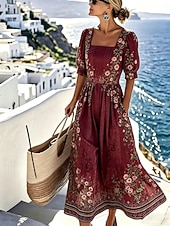  Damskie Sukienka maxi Codzienne sukienki Sukienka A line Elegancja Urlop Elegancki Plaża Święto Regularny Kwiaty Graficzny Rękaw 1/2 Półgolf Niebieski Czerwony Zielony Beżowy Lato Wiosna
