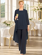 abordables Trajes de pantalón de mamá-Traje de pantalón Traje de 3 piezas Hasta el Suelo Vestido de Madrina Sin Mangas Barco de cuello Elegante Talla Grande Bolero incluido Invitado a la boda Gasa Vestidos de chaqueta con Un Color