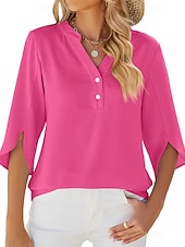 cheap Plain Blouses-Women's Shirt Blouse Buttons Solid Color Fashion Half Sleeve V Neck Regular Tops Daily Black White Fuchsia Summer Spring