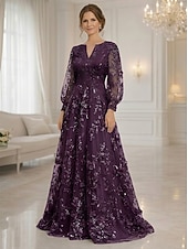 economico Lunghezza del pavimento-Linea ad A Abito Lunghezza al pavimento Vestito maxi Vestito da Festa Abito da Cocktail Abito da cerimonia per signora Manica Lunga Scollo a V Elegante Vintage Lussuoso Formale Ospite di nozze