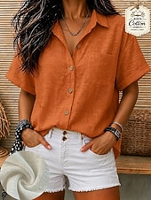abordables Camisas-Mujer 100% Algodón Textura Bolsillo Color sólido Plano Vintage Manga Corta Tops regulares Casual Blanco Naranja Azul claro Verano