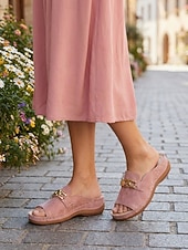 baratos Mulheres-Women's Pink Clog Sandals – Open Toe Hand-Stitched Comfort Sandals with Metal Buckle For for Resort, European Town Vacation, Cruise Travel &amp; Casual Outings