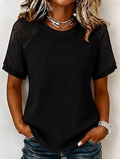 cheap Lace Tops-Women's Eyelet Top Lace Splicing Top Contrast Lace Lace Elegant Bohemia Stylish Short Sleeve Crew Neck Long Tops Casual Daily Going out Black White Gray Summer Spring