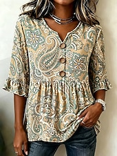  Mujer Blusa Botones Estampado Floral Graphic Cachemir Vintage Elegante Moderno Media Manga Escote en Pico Tops regulares Casual Diario Blanco Amarillo Verde Trébol Verano Primavera