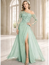 abordables Largo del piso-Funda Columna Vestidos Hasta el Suelo Vestido Invitada Boda Vestido formal Vestido de noche Vestido de Madrina Manga Larga Un Hombro Elegante Formal Gasa con Encaje Un Color
