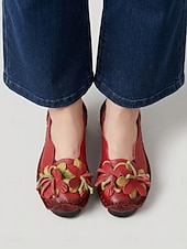 abordables Ballerines femme-Ballerines confortables en cuir de vachette rouge premium pour femme - légères et confortables toute la journée, ornées d'appliqués floraux faits main, avec semelle antidérapante, idéales pour la