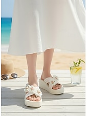 economico Infradito scivolosi-Per donna Passeggiata Spiaggia Festa in giardino Applicazioni Tacco basso Punta bicolore Elegante Bohemien Vacanza Microfibra Slip-on Avorio