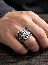 billiga Herrsmycken-herr vintage sköldring med rött kors, rostfritt stål eller legering, medeltida smycken, justerbar passform, maskulin gotisk statementring för mogna män