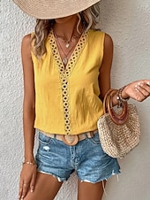 abordables Tanque Sencillo-Mujer Blusa Ribete de encaje Plano Vintage Elegante Casual Sin Mangas Escote en Pico Tops regulares Casual Diario Amarillo Verano Primavera