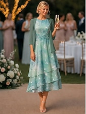 voordelige Jurkensets voor mama-Tweedelig A-lijn Tot de enkel Bruiloft gast jurk Ruimvallend Moeder van de bruid jurk 3/4 mouw Ronde hals Elegant Eenvoudig Casual Formeel Bruiloft gast Feestdagen Chiffon Wrap inbegrepen met