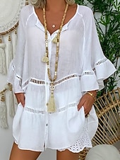 baratos Blusas Simples-Mulheres Blusa Renda Côr Sólida à moda Básico Casual Manga Longa Decote V Tops regulares Casual Diário Praia Branco Amarelo Vermelho Marron Verão Primavera Outono