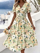 cheap Print Dresses-Women's Midi Dress A Line Dress Vacation Casual Boho Regular Fit Floral Graphic Short Sleeve V Neck Green Summer Spring