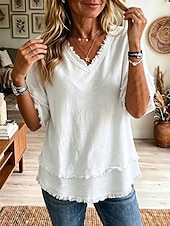 billige Enkle bluser-Dame Bluse Helfarge Årgang Stilfull Grunnleggende Kortermet V-hals Vanlige topper Avslappet Daglig Blå Svart Hvit Gul Rosa Sommer Vår